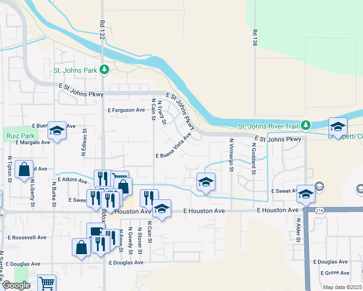 map of restaurants, bars, coffee shops, grocery stores, and more near 1850 East Buena Vista Avenue in Visalia