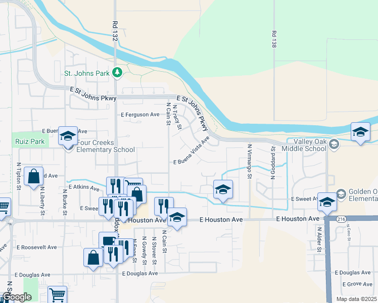 map of restaurants, bars, coffee shops, grocery stores, and more near 1850 E Buena Vista Ave in Visalia