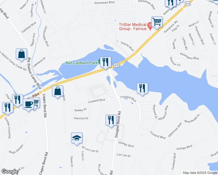 map of restaurants, bars, coffee shops, grocery stores, and more near 104 Douglas Bend Road in Gallatin