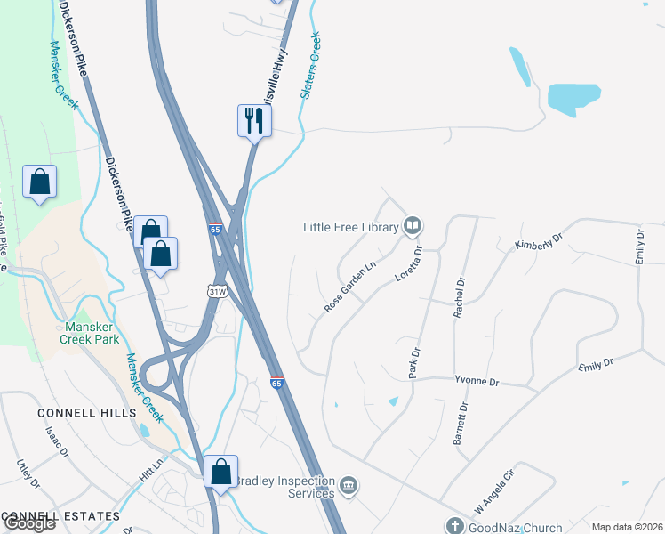 map of restaurants, bars, coffee shops, grocery stores, and more near 111 Marshall Greene Circle in Goodlettsville