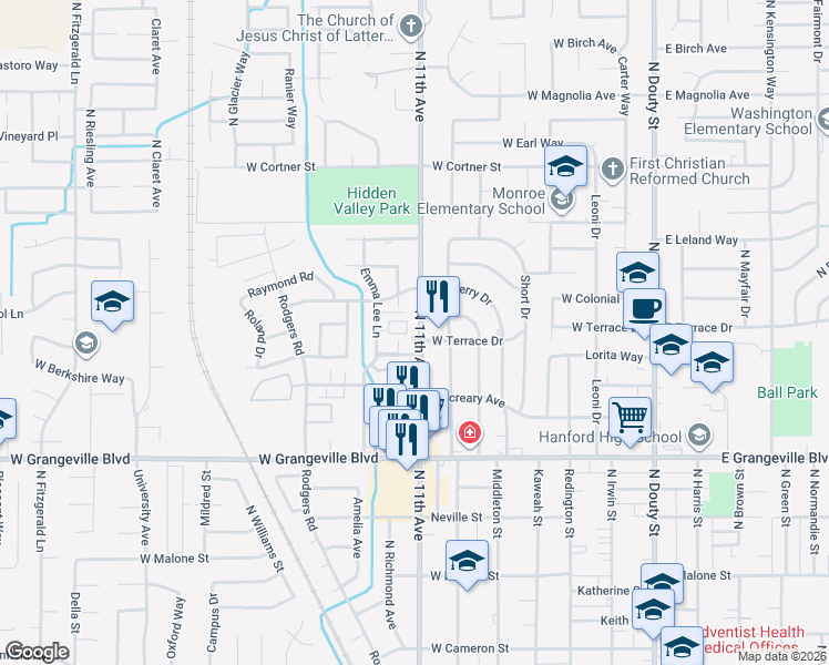 map of restaurants, bars, coffee shops, grocery stores, and more near 1901 North 11th Avenue in Hanford