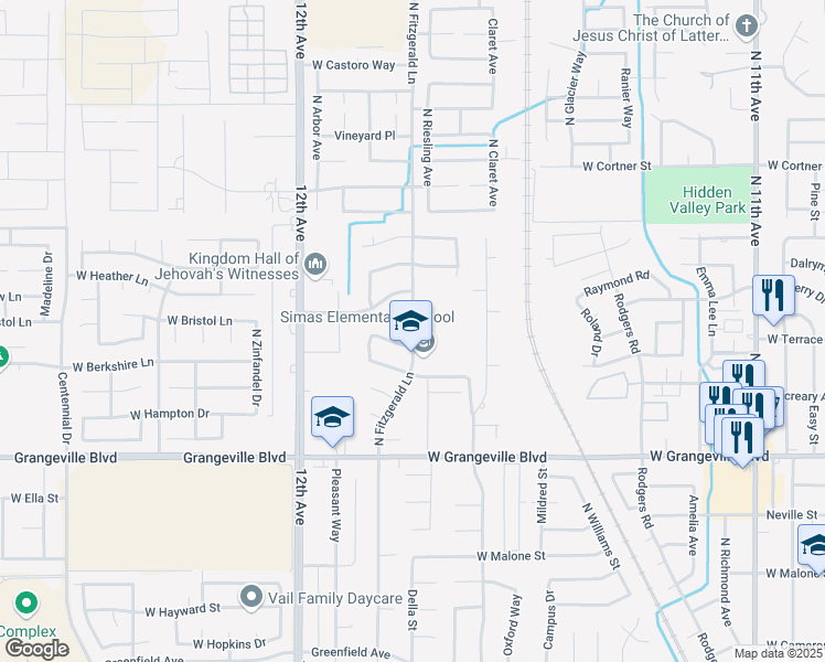 map of restaurants, bars, coffee shops, grocery stores, and more near North Fitzgerald Lane in Hanford