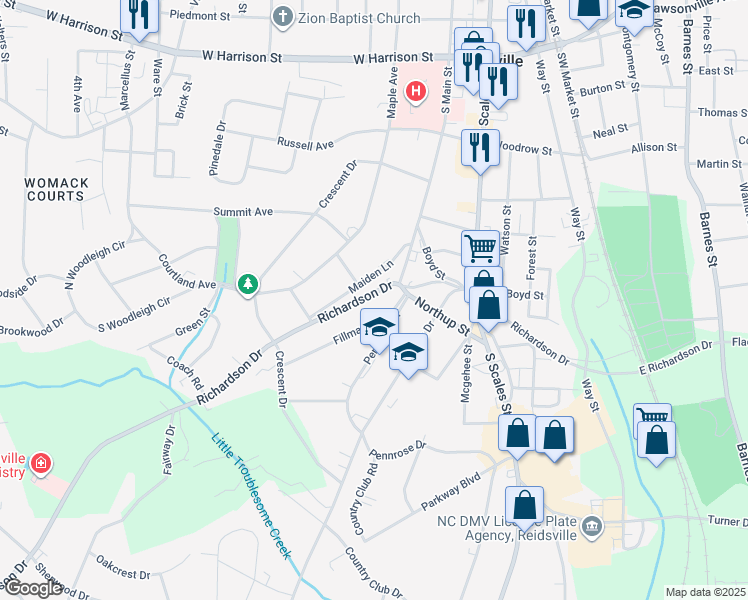 map of restaurants, bars, coffee shops, grocery stores, and more near 1215 Richardson Drive in Reidsville