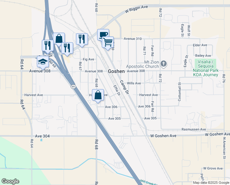 map of restaurants, bars, coffee shops, grocery stores, and more near 30678 Kame Drive in Goshen