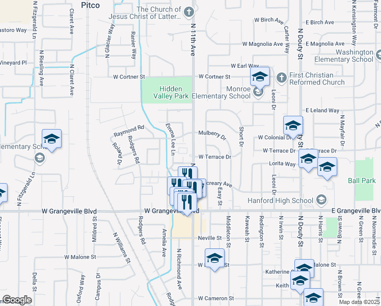 map of restaurants, bars, coffee shops, grocery stores, and more near 1901 North 11th Avenue in Hanford
