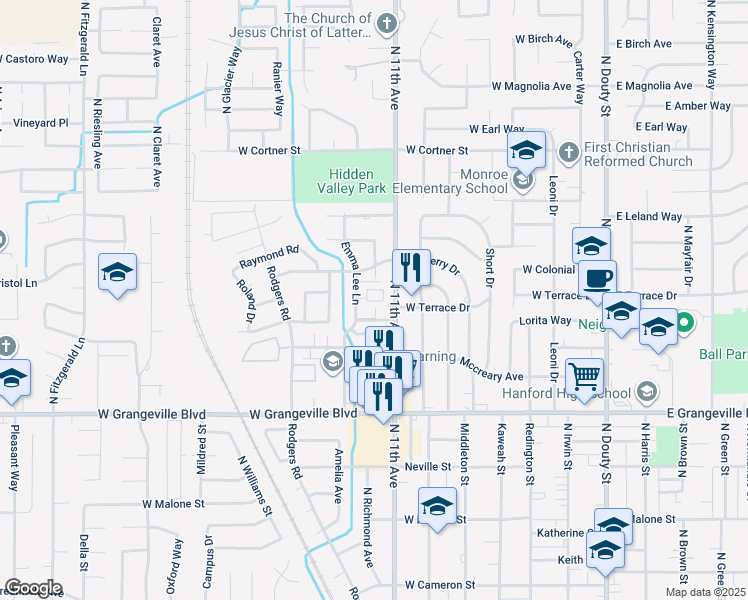 map of restaurants, bars, coffee shops, grocery stores, and more near 1923 Emma Lee Lane in Hanford