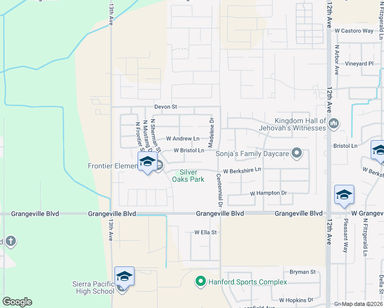 map of restaurants, bars, coffee shops, grocery stores, and more near West Berkshire Lane in Hanford