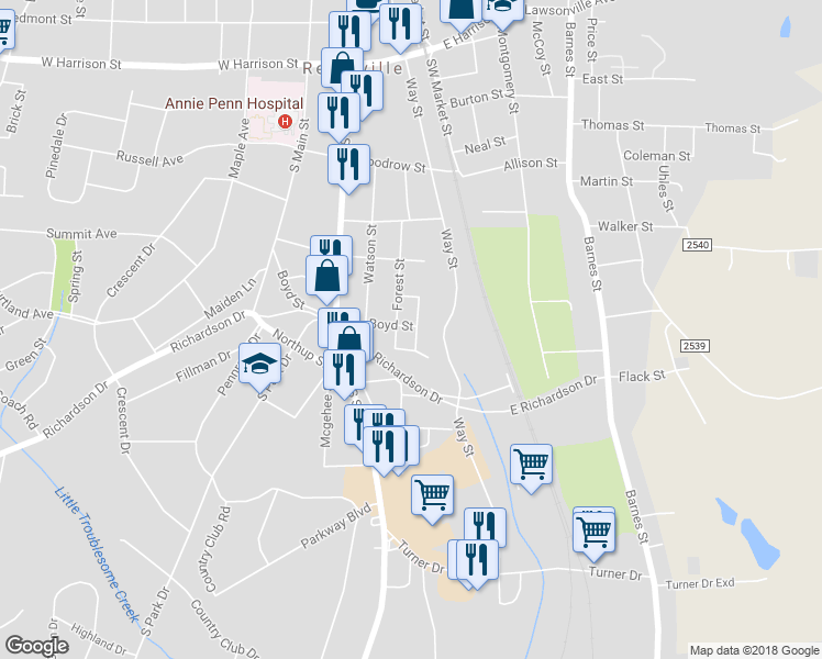 map of restaurants, bars, coffee shops, grocery stores, and more near 201 Boyd Street in Reidsville