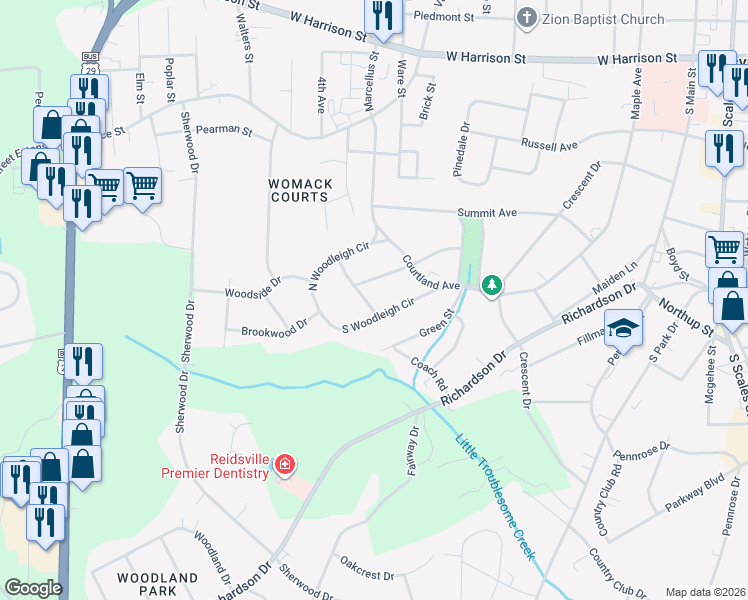 map of restaurants, bars, coffee shops, grocery stores, and more near 1404 Rosedale Boulevard in Reidsville