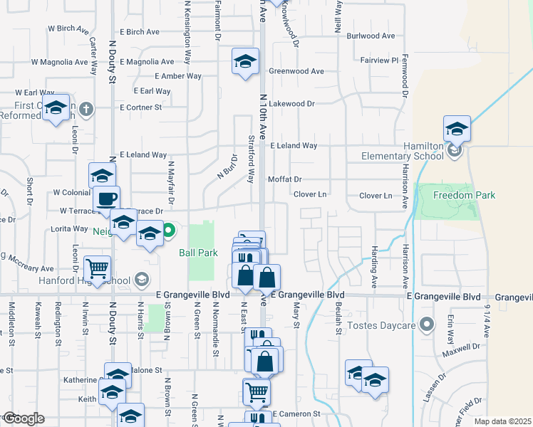 map of restaurants, bars, coffee shops, grocery stores, and more near 1845 North 10th Avenue in Hanford
