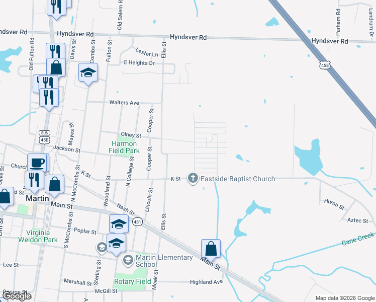 map of restaurants, bars, coffee shops, grocery stores, and more near 124 Burchard Street in Martin