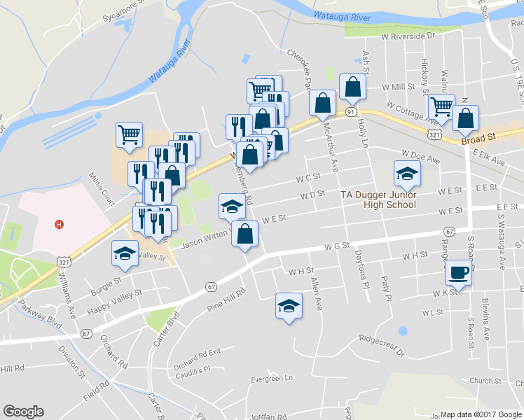 map of restaurants, bars, coffee shops, grocery stores, and more near 716 West D Street in Elizabethton