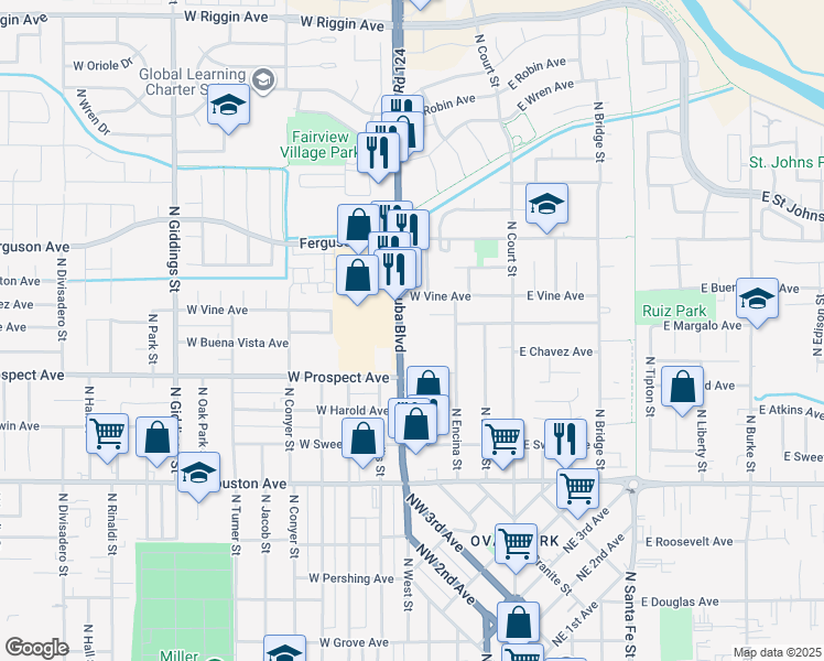 map of restaurants, bars, coffee shops, grocery stores, and more near 1900 North Dinuba Boulevard in Visalia