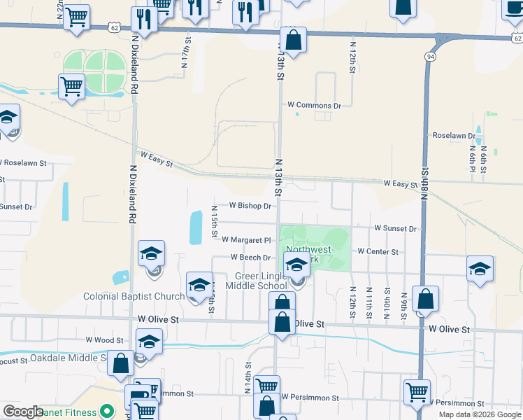 map of restaurants, bars, coffee shops, grocery stores, and more near 1308 West Bishop Drive in Rogers