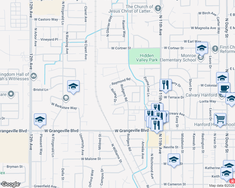 map of restaurants, bars, coffee shops, grocery stores, and more near 1078 Ross Way in Hanford