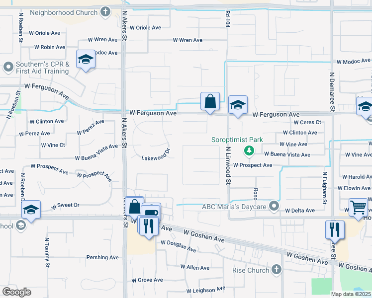 map of restaurants, bars, coffee shops, grocery stores, and more near 6313 West Vine Avenue in Visalia