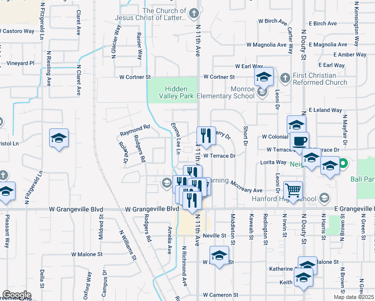 map of restaurants, bars, coffee shops, grocery stores, and more near 1911 Emma Lee Lane in Hanford