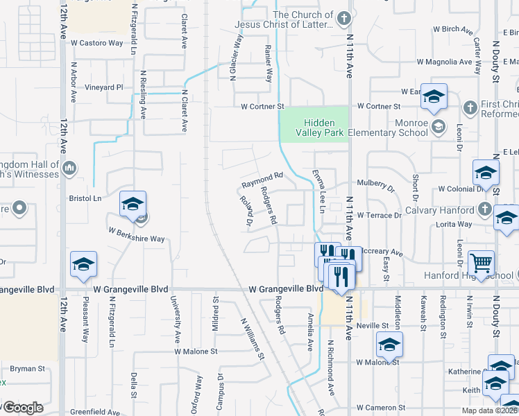 map of restaurants, bars, coffee shops, grocery stores, and more near 1078 Ross Way in Hanford