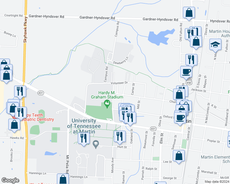 map of restaurants, bars, coffee shops, grocery stores, and more near 102 Moody Avenue in Martin