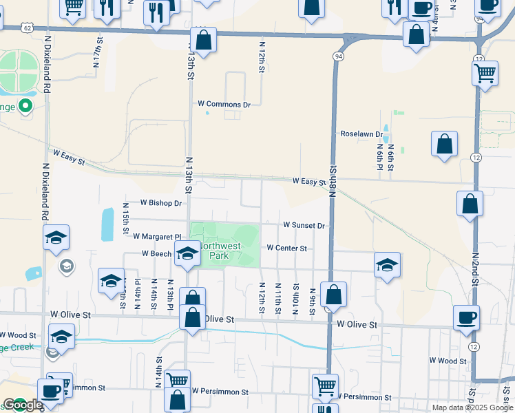 map of restaurants, bars, coffee shops, grocery stores, and more near 1205-1215 North 12th Place in Rogers