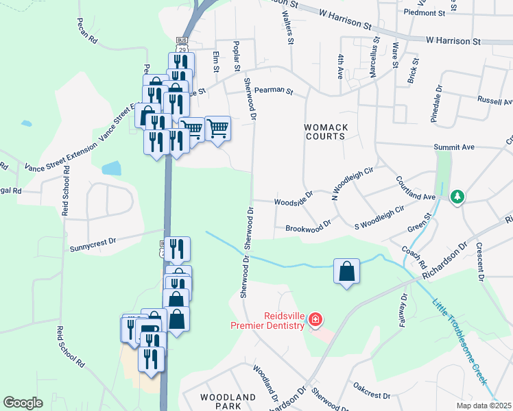 map of restaurants, bars, coffee shops, grocery stores, and more near 1478 Sherwood Drive in Reidsville