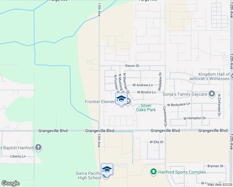 map of restaurants, bars, coffee shops, grocery stores, and more near 1938 North Frontier Street in Hanford