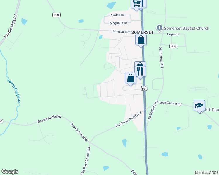 map of restaurants, bars, coffee shops, grocery stores, and more near 55 Hillcrest Avenue in Roxboro