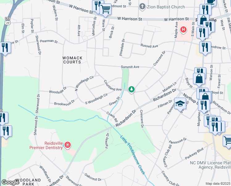 map of restaurants, bars, coffee shops, grocery stores, and more near 1101 South Woodleigh Circle in Reidsville