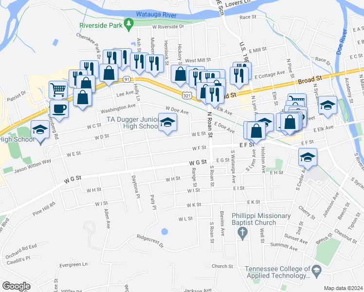 map of restaurants, bars, coffee shops, grocery stores, and more near 209 West F Street in Elizabethton