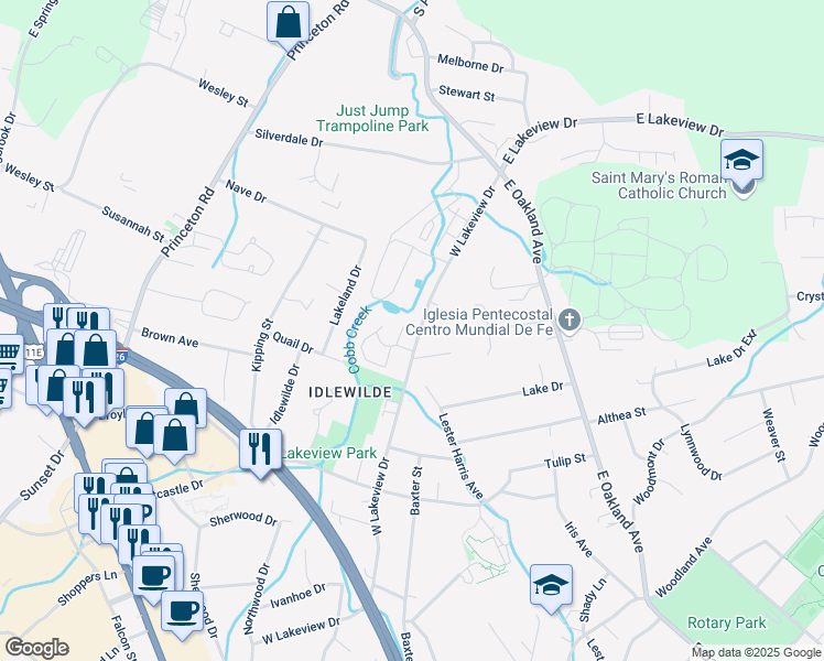 map of restaurants, bars, coffee shops, grocery stores, and more near 1801 West Lakeview Drive in Johnson City