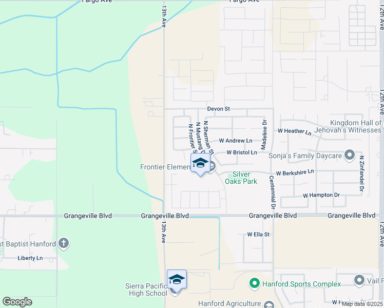 map of restaurants, bars, coffee shops, grocery stores, and more near 1938 North Frontier Street in Hanford
