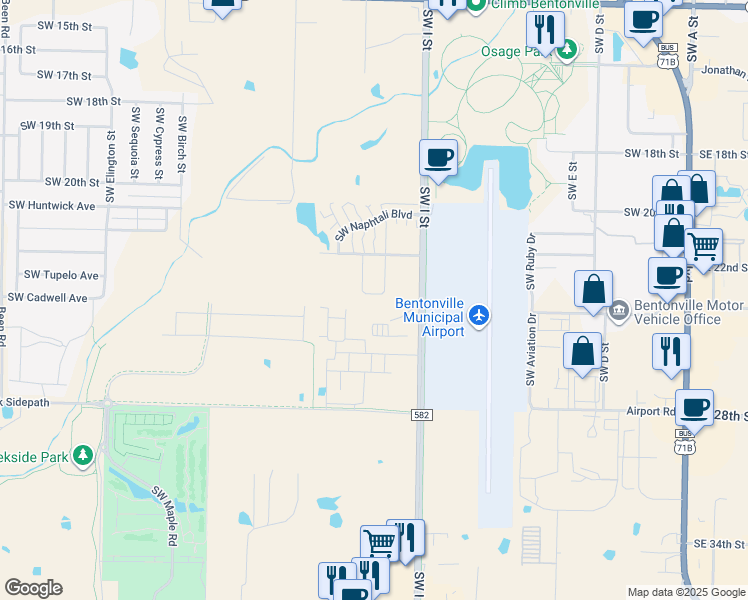 map of restaurants, bars, coffee shops, grocery stores, and more near 2643 Southwest Livingston Square in Bentonville