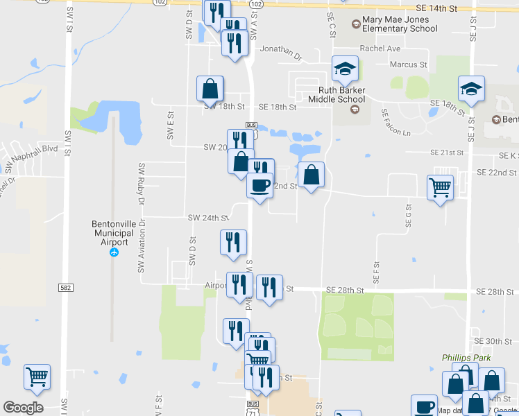 map of restaurants, bars, coffee shops, grocery stores, and more near 2505 South Walton Boulevard in Bentonville