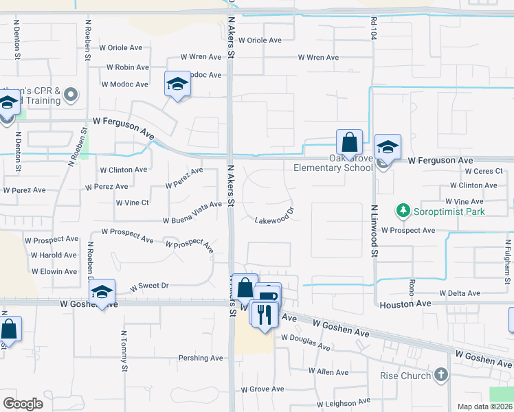 map of restaurants, bars, coffee shops, grocery stores, and more near 5077-5151 Lakewood Drive in Visalia