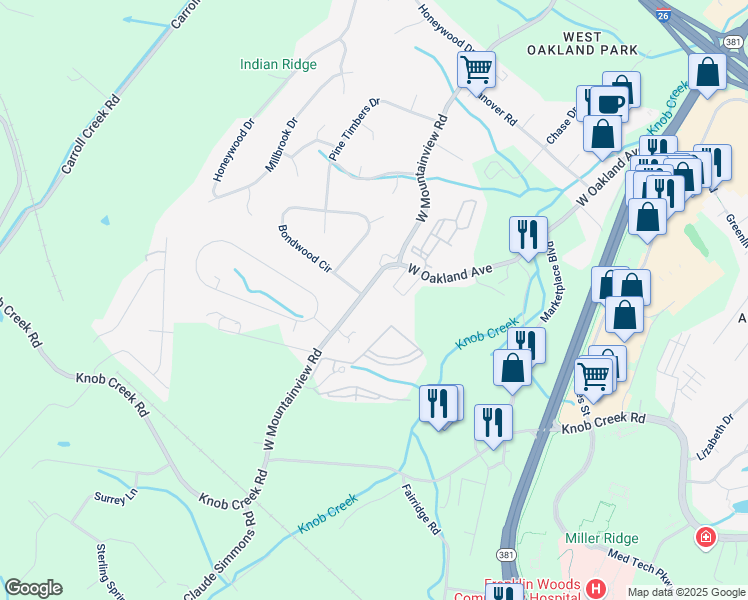 map of restaurants, bars, coffee shops, grocery stores, and more near 1015 West Mountainview Road in Johnson City