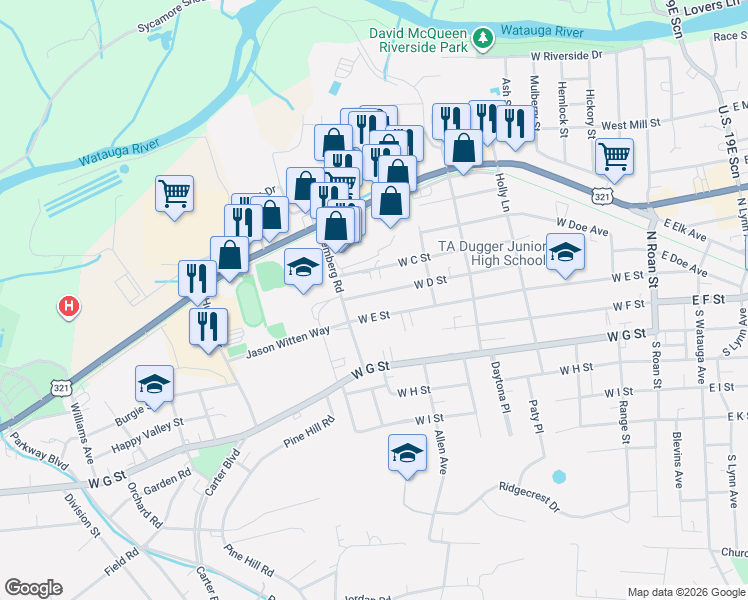 map of restaurants, bars, coffee shops, grocery stores, and more near 623 West E Street in Elizabethton
