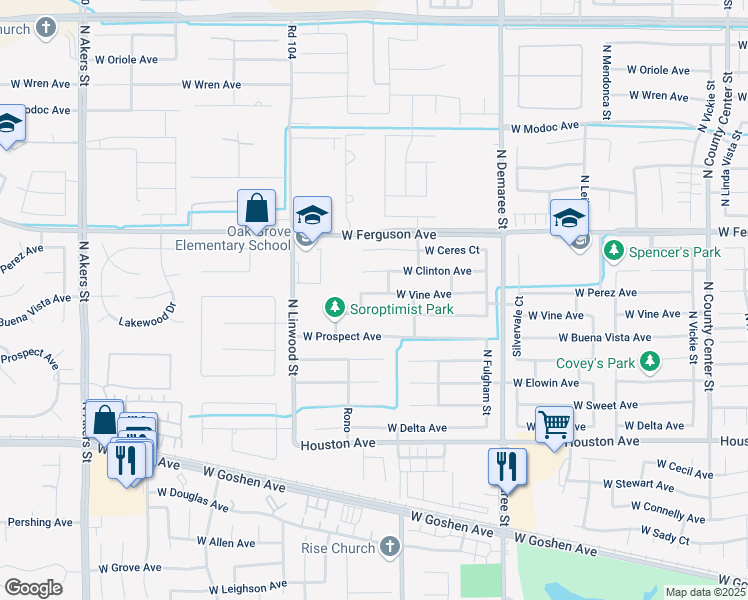 map of restaurants, bars, coffee shops, grocery stores, and more near 4122 West Buena Vista Avenue in Visalia