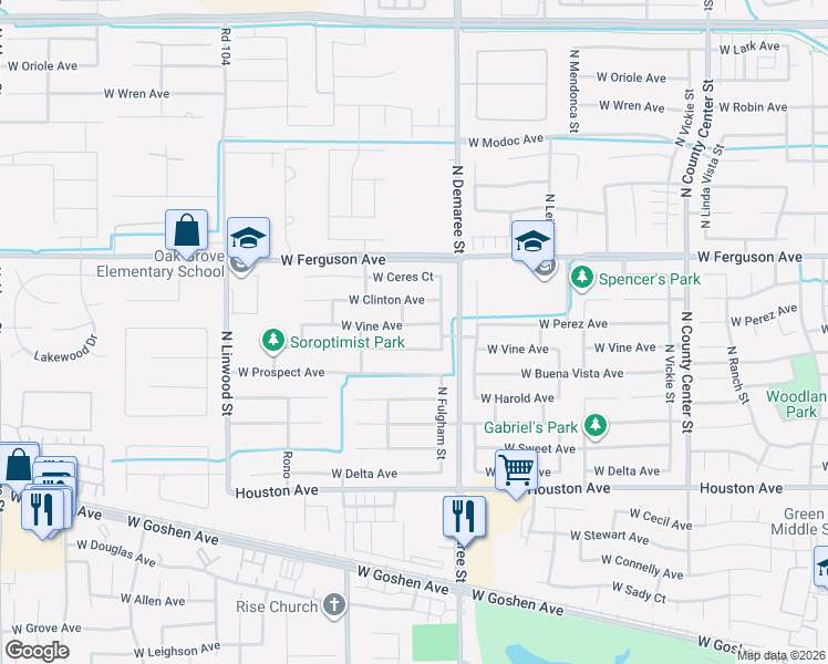 map of restaurants, bars, coffee shops, grocery stores, and more near 3830 West Buena Vista Avenue in Visalia