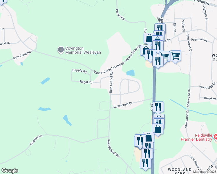 map of restaurants, bars, coffee shops, grocery stores, and more near 2508 Reid School Road in Reidsville