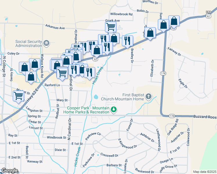 map of restaurants, bars, coffee shops, grocery stores, and more near 610 Cooper Estates Drive in Mountain Home