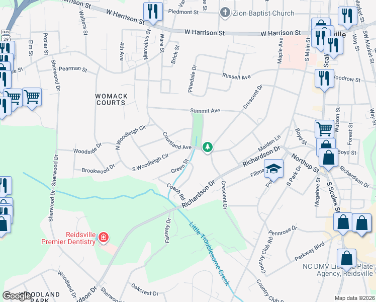 map of restaurants, bars, coffee shops, grocery stores, and more near 1101 South Woodleigh Circle in Reidsville