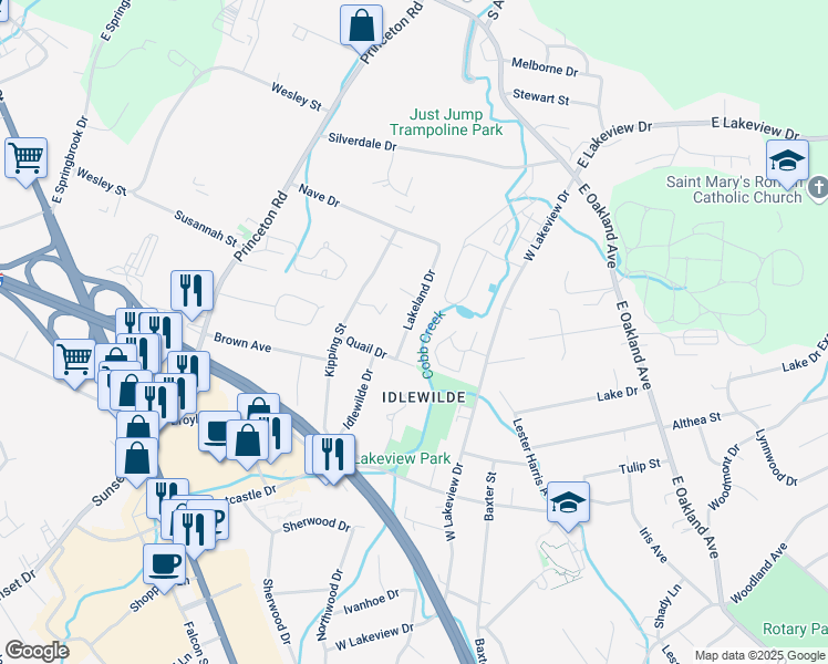 map of restaurants, bars, coffee shops, grocery stores, and more near 2204 Lakeland Drive in Johnson City