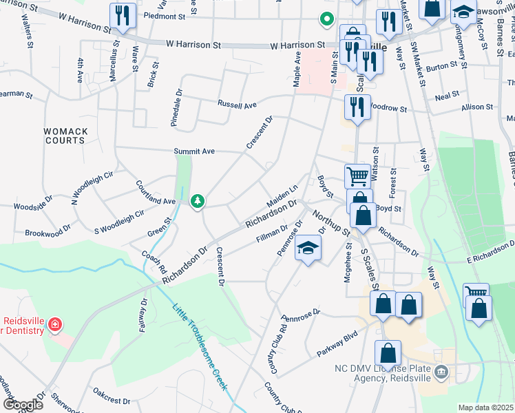map of restaurants, bars, coffee shops, grocery stores, and more near 1210 Maiden Lane in Reidsville
