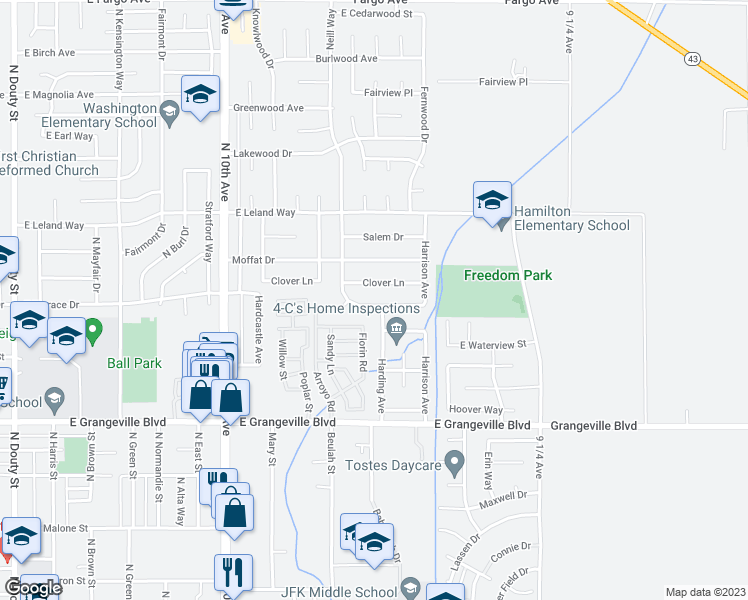 map of restaurants, bars, coffee shops, grocery stores, and more near 962 East Terrace Drive in Hanford