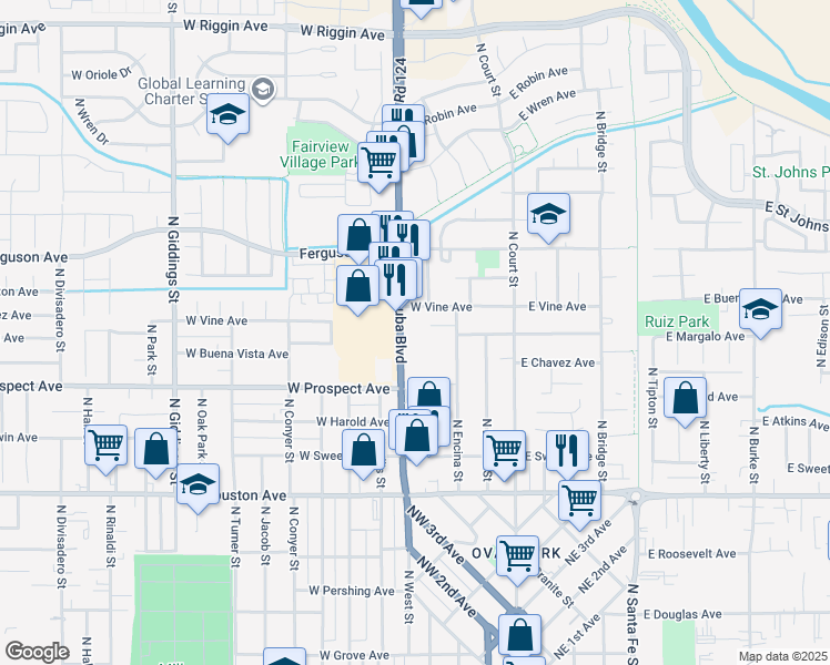 map of restaurants, bars, coffee shops, grocery stores, and more near 1900 N Dinuba Blvd in Visalia