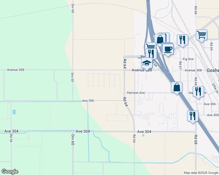 map of restaurants, bars, coffee shops, grocery stores, and more near 6257 Avenue 308 in Visalia