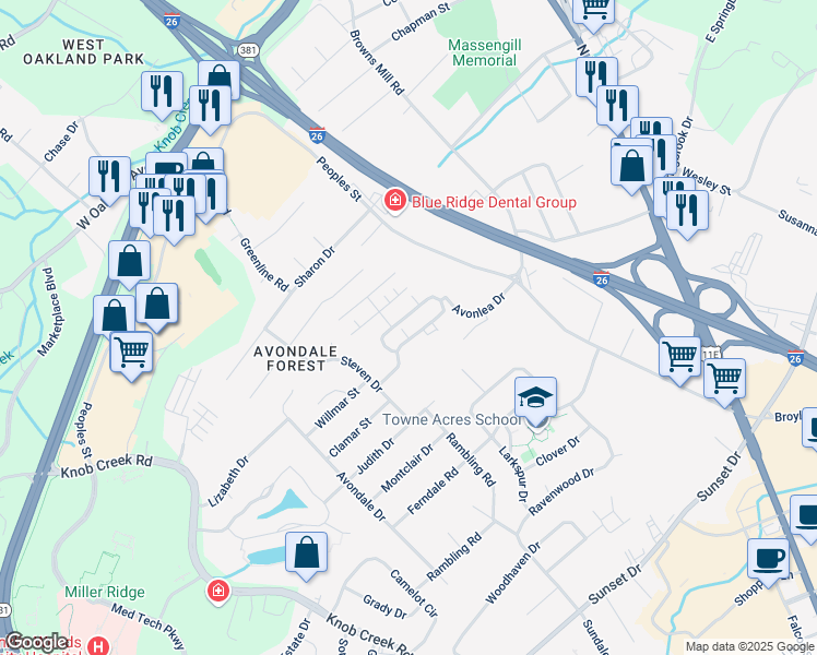 map of restaurants, bars, coffee shops, grocery stores, and more near 228 Avonlea Place in Johnson City