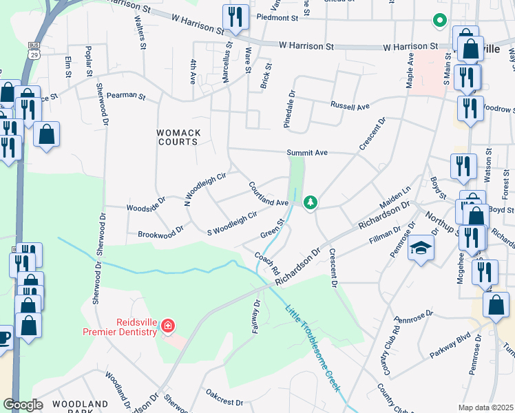 map of restaurants, bars, coffee shops, grocery stores, and more near 1115 South Woodleigh Circle in Reidsville