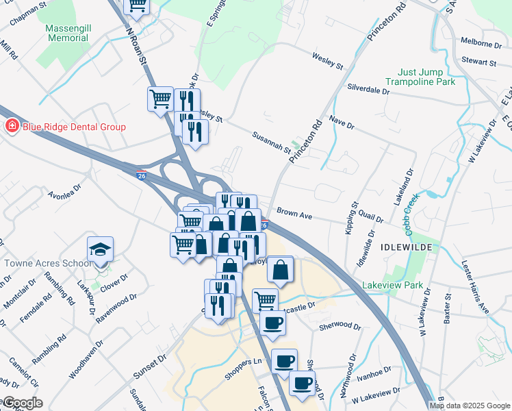 map of restaurants, bars, coffee shops, grocery stores, and more near 2206 College Road in Johnson City
