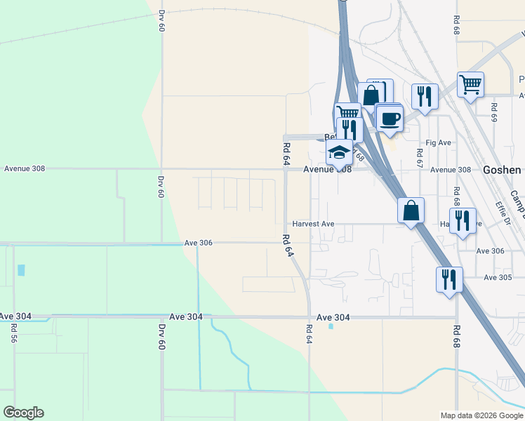 map of restaurants, bars, coffee shops, grocery stores, and more near 30547 Delancy Rd in Visalia